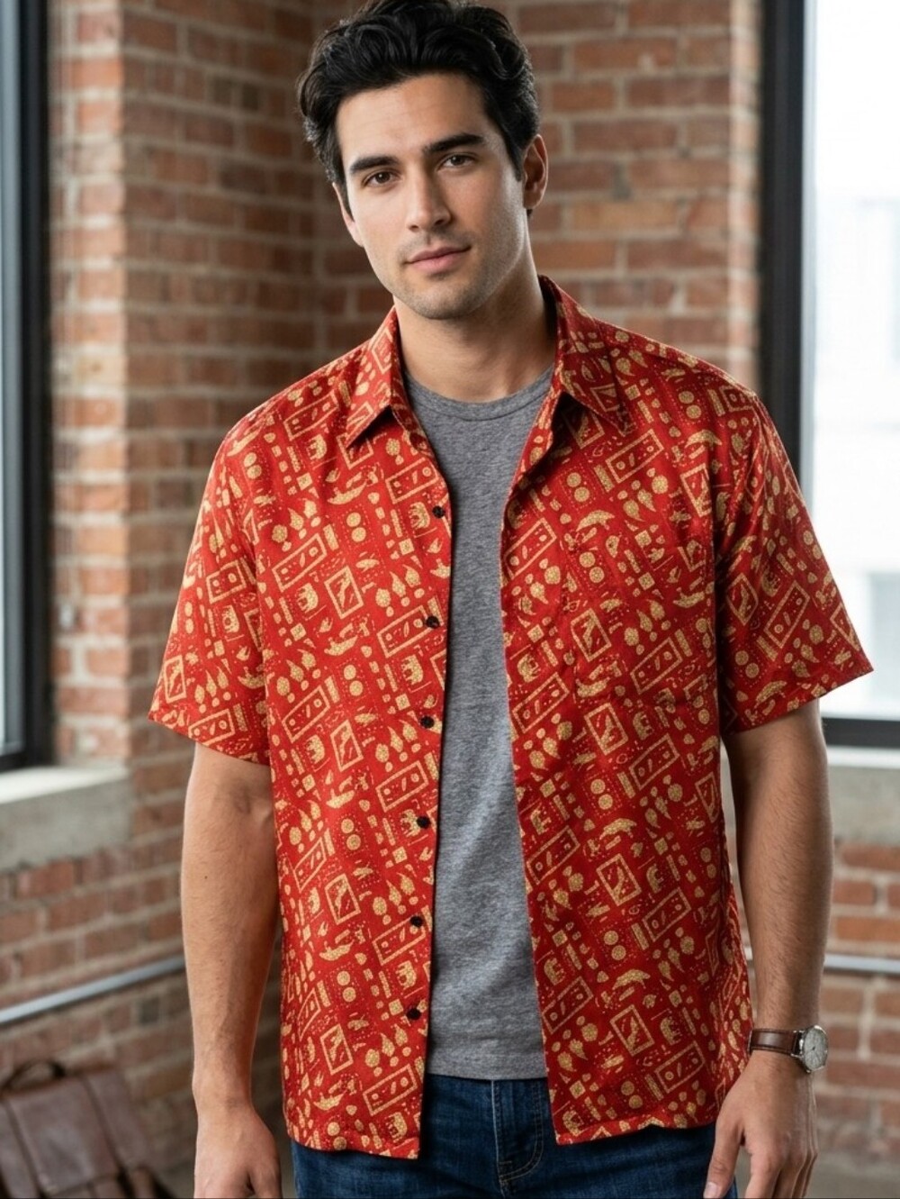 VTG Thai Silk by Apple Men's Short Sleeve Button Down Red Gold Size XL